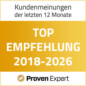 Goldenes ProvenExpert-Siegel für Top-Empfehlungen 2018–2025, das herausragende Kundenzufriedenheit und exzellente Servicequalität Hotel unterstreicht.