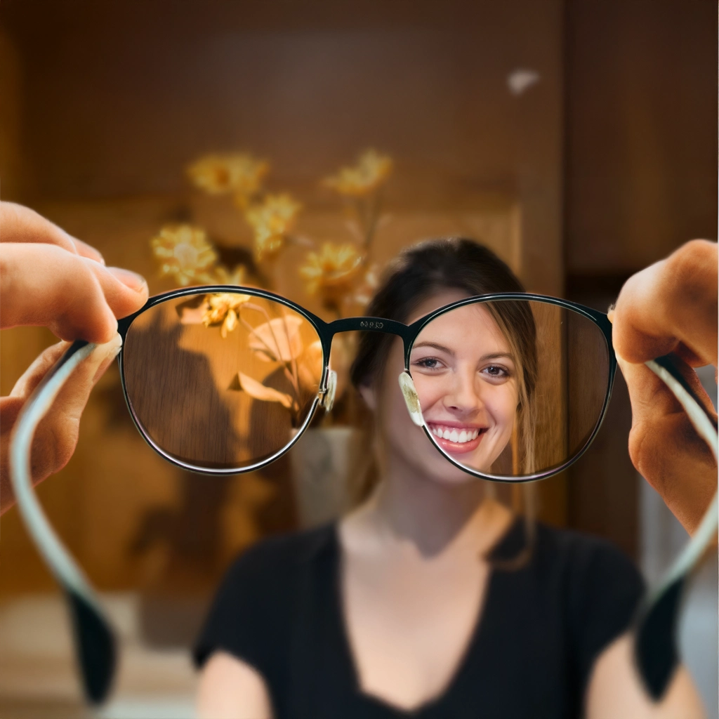 Brillenglas fokussiert das freundliche Lächeln einer Mitarbeiterin und symbolisiert klare, positive Wahrnehmung im Rahmen professioneller Kommunikation im Unternehmen.