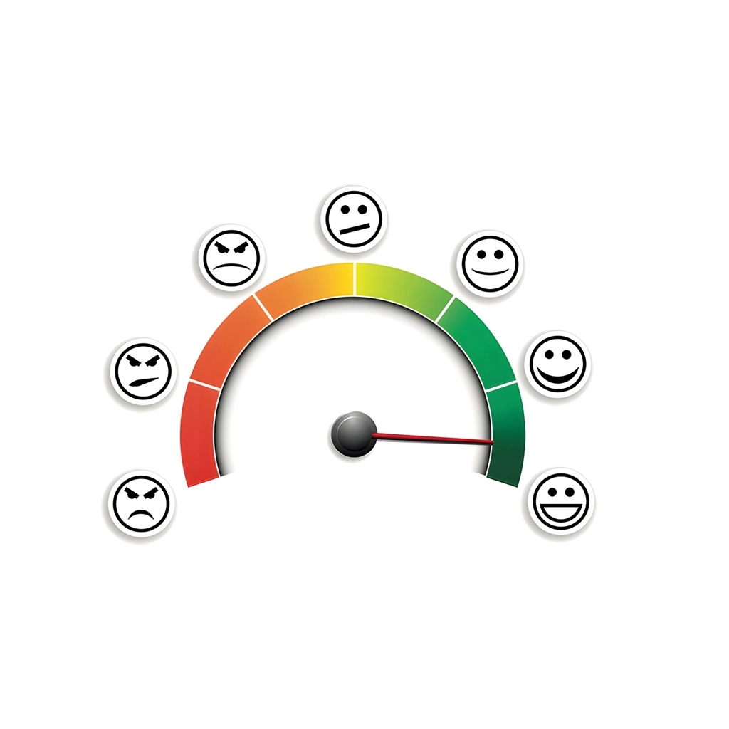Skala mit verschiedenen Emotionen von wütend bis sehr zufrieden zeigt die Bewertung der Gästezufriedenheit im Rahmen einer professionellen Kundenzufriedenheit Hotel messen Analyse.
