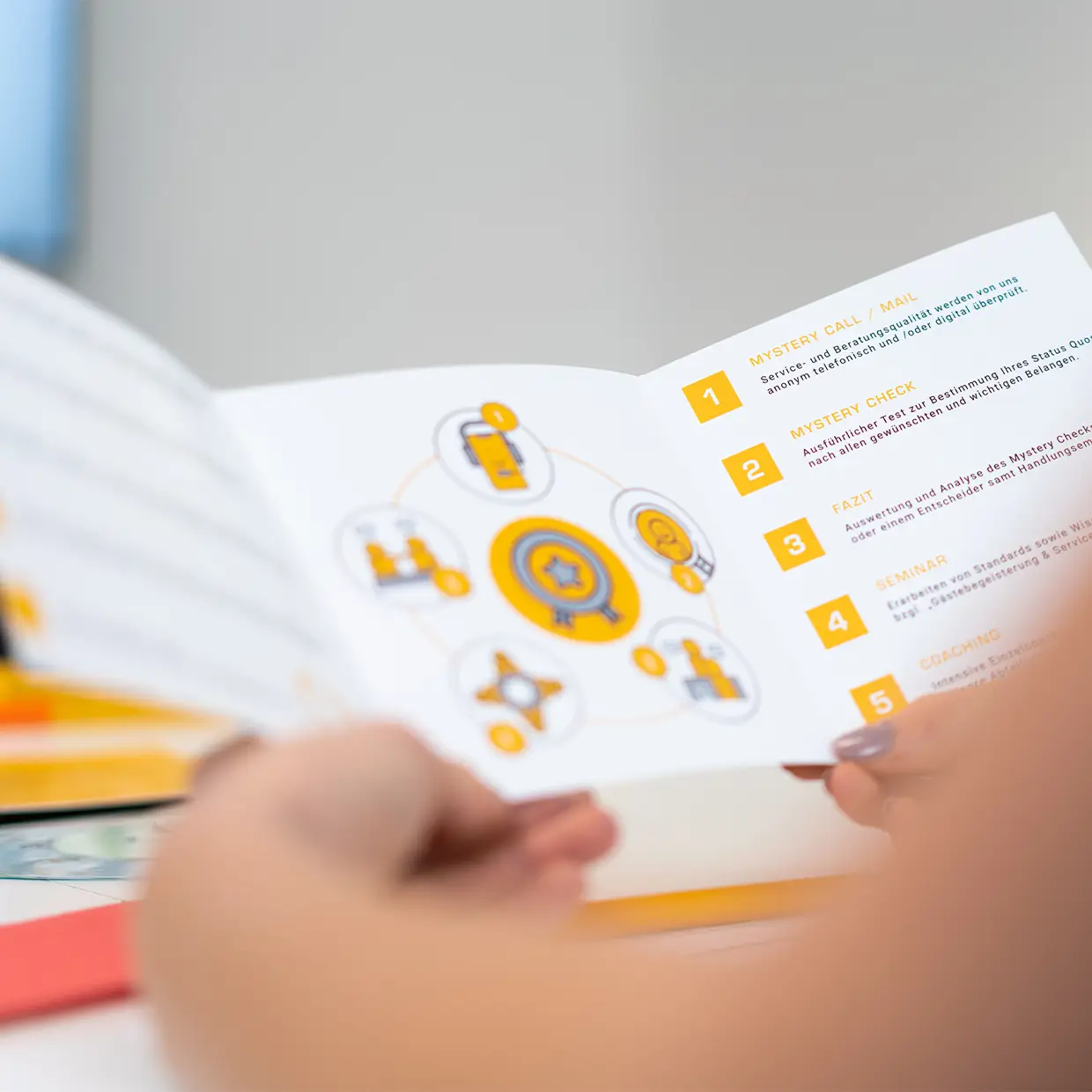 Person hält Broschüre mit den fünf Schritten des Mystery Checks zur Analyse und Verbesserung der Servicequalität.