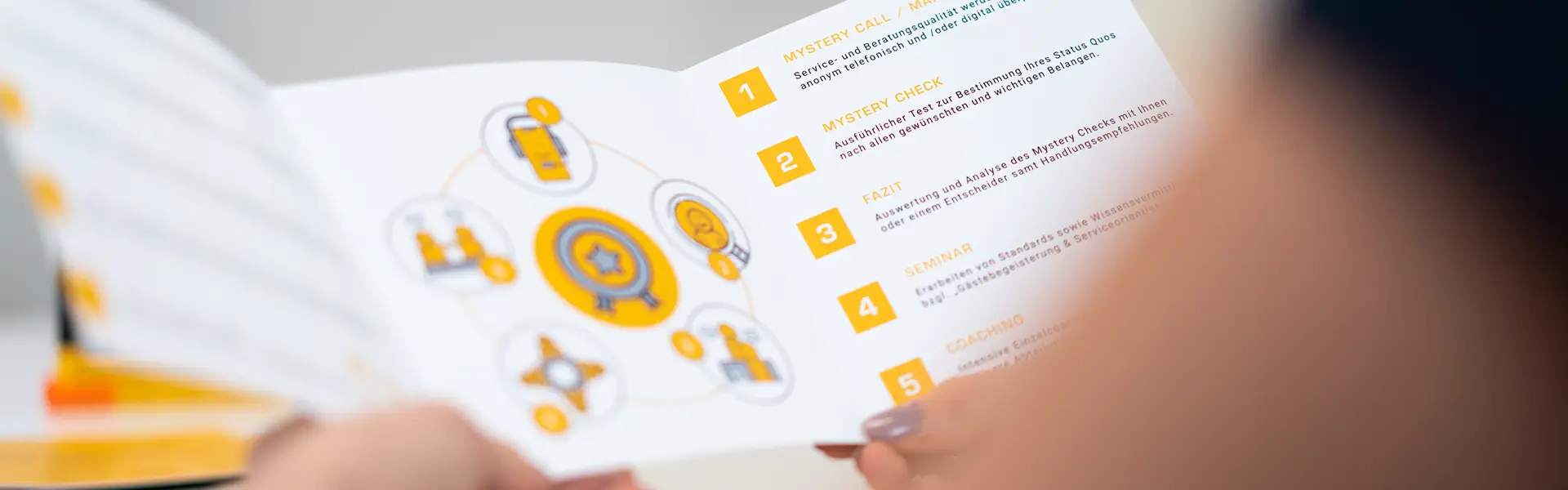 Teilnehmerin betrachtet eine Infobroschüre zum Mystery Check mit den fünf Schritten für bessere Servicequalität.