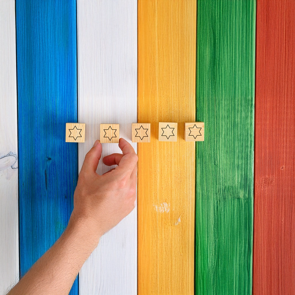 Hand platziert Bewertungssterne auf farbigen Holzleisten und symbolisiert strukturierte Qualitätsbewertung im Rahmen eines professionellen Qualitätschecks.