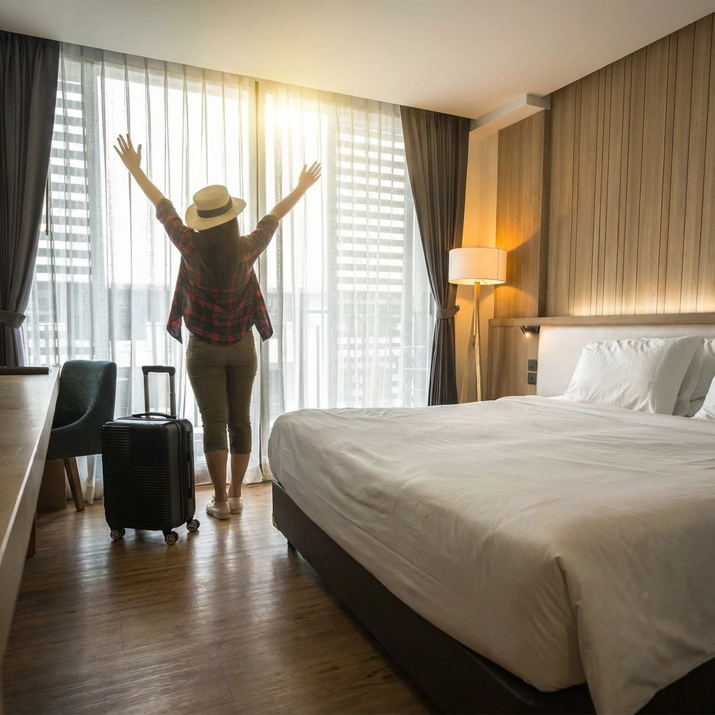 Hotelgast öffnet begeistert die Vorhänge und genießt das moderne Zimmer nach dem Einchecken – ein positives Beispiel für hohe Servicequalität Hotel.