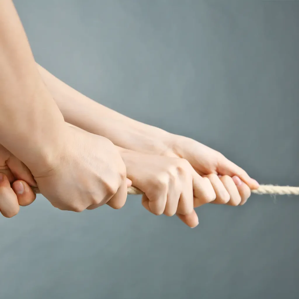 Mehrere Hände ziehen gemeinsam an einem Seil und symbolisieren starke Zusammenarbeit im Rahmen eines motivierenden Teambuilding Trainings.