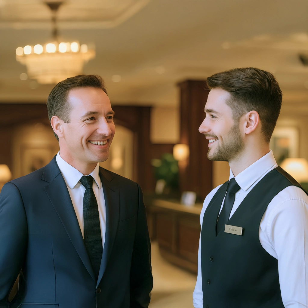 Zwei Hotelmitarbeiter führen ein freundliches Gespräch in der Lobby und zeigen professionelle Kommunikation im Rahmen eines modernen Front Office Checks.