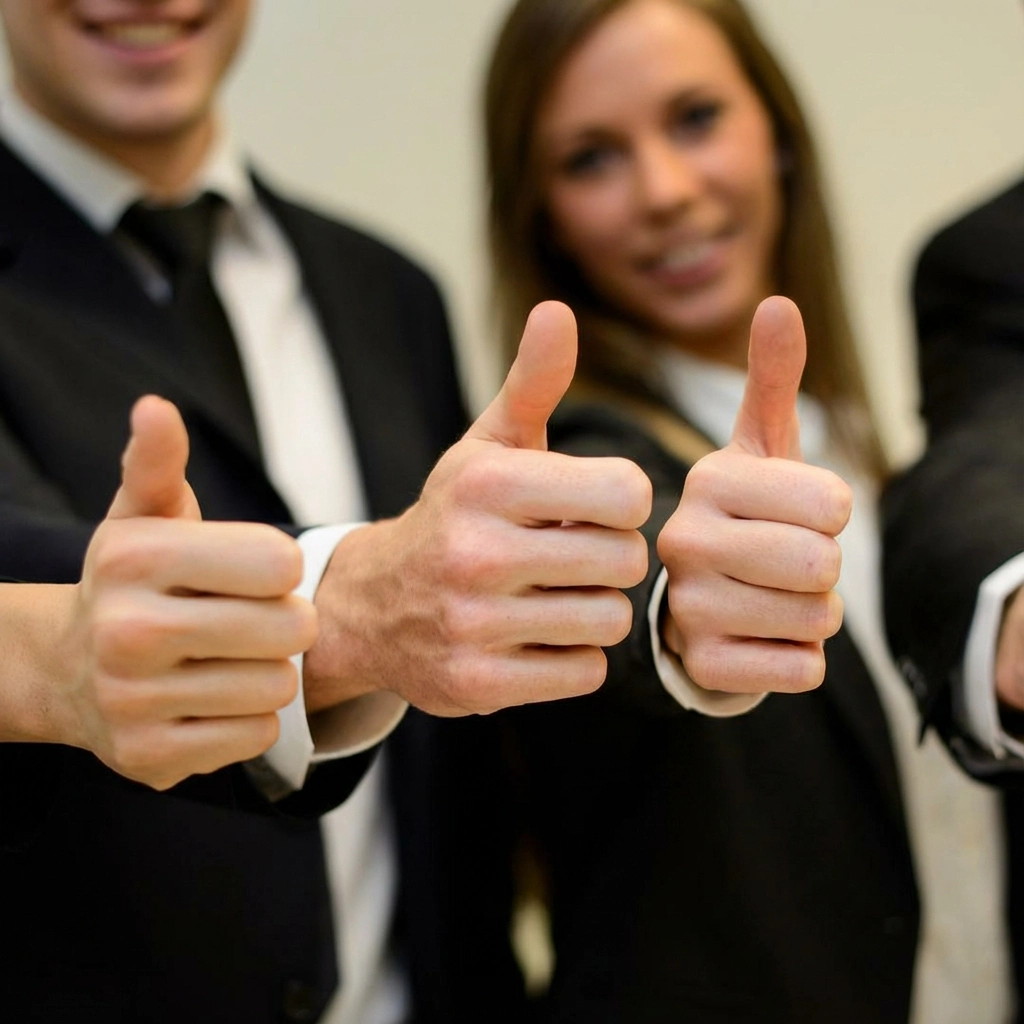 Teammitglieder im Business-Outfit zeigen motiviert den Daumen nach oben und unterstreichen erfolgreiche Zusammenarbeit durch ein wirkungsvolles Teambuilding Seminar.